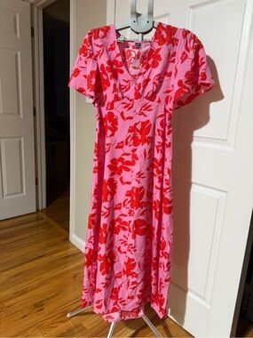 Floral Puff-Sleeve Midi Dress in Pink and Red
